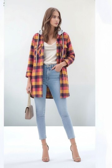 Kadın Desen Bloklu Oduncu Oversize Geniş Kalıp Casual Cepli Kapüşonlu Uzun Boy Ceket Gömlek