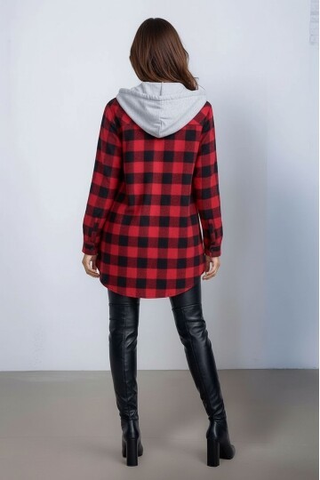 Kadın Desen Bloklu Oduncu Oversize Geniş Kalıp Casual Cepli Kapüşonlu Uzun Boy Ceket Gömlek