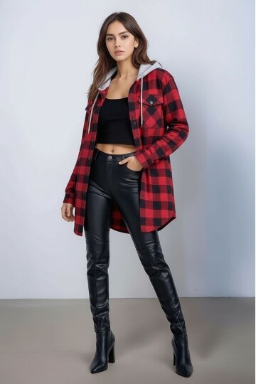 Kadın Desen Bloklu Oduncu Oversize Geniş Kalıp Casual Cepli Kapüşonlu Uzun Boy Ceket Gömlek