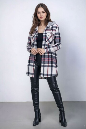 Kadın Desen Bloklu Oduncu Oversize Geniş Kalıp Casual Cepli Kapüşonlu Uzun Boy Ceket Gömlek