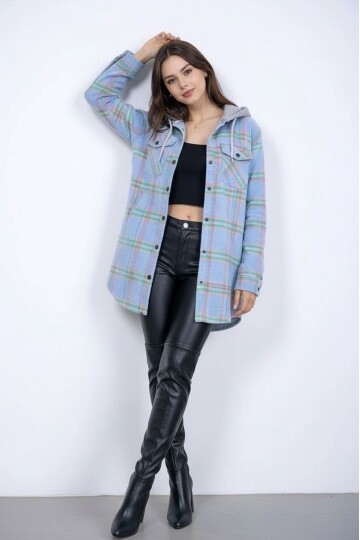 Kadın Desen Bloklu Oduncu Oversize Geniş Kalıp Casual Cepli Kapüşonlu Uzun Boy Ceket Gömlek