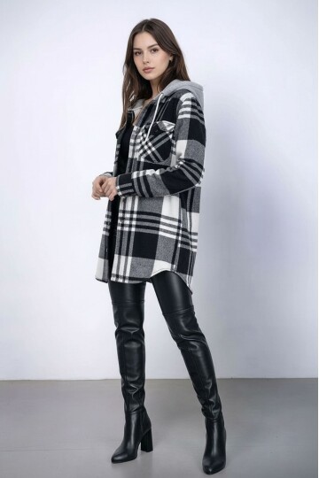 Kadın Desen Bloklu Oduncu Oversize Geniş Kalıp Casual Cepli Kapüşonlu Uzun Boy Ceket Gömlek