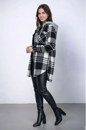 Kadın Desen Bloklu Oduncu Oversize Geniş Kalıp Casual Cepli Kapüşonlu Uzun Boy Ceket Gömlek