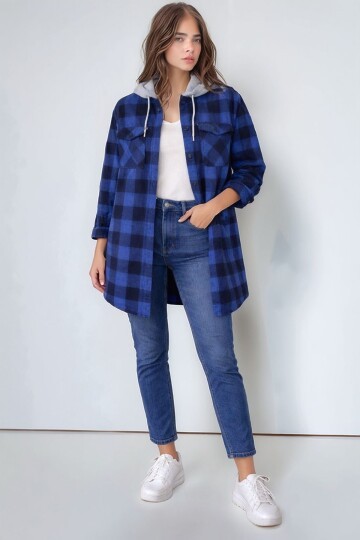 Kadın Desen Bloklu Oduncu Oversize Geniş Kalıp Casual Cepli Kapüşonlu Uzun Boy Ceket Gömlek