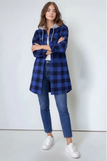 Kadın Desen Bloklu Oduncu Oversize Geniş Kalıp Casual Cepli Kapüşonlu Uzun Boy Ceket Gömlek