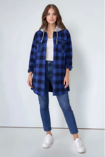 Kadın Desen Bloklu Oduncu Oversize Geniş Kalıp Casual Cepli Kapüşonlu Uzun Boy Ceket Gömlek