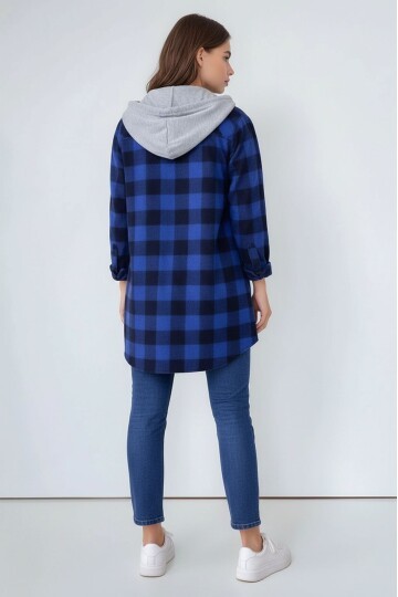 Kadın Desen Bloklu Oduncu Oversize Geniş Kalıp Casual Cepli Kapüşonlu Uzun Boy Ceket Gömlek