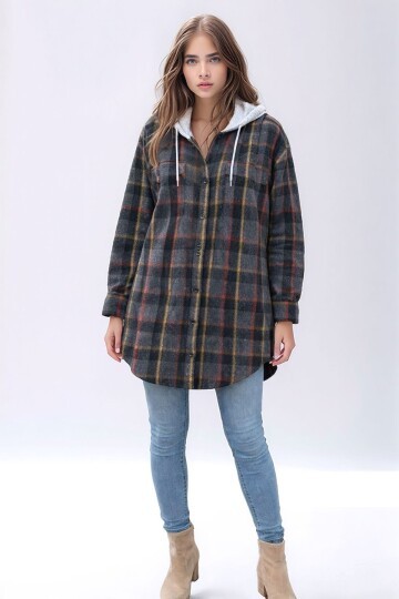 Kadın Desen Bloklu Oduncu Oversize Geniş Kalıp Casual Cepli Kapüşonlu Uzun Boy Ceket Gömlek