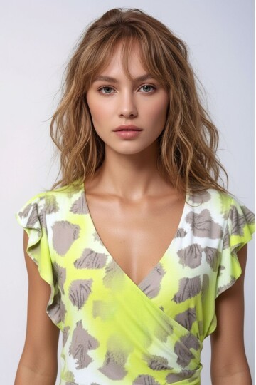 Kadın Desenli Kolları Volanlı Belden Büzgülü Kruvaze Yaka Büyük Beden Curve Spor Şık Elbise