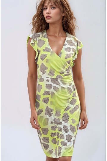 Kadın Desenli Kolları Volanlı Belden Büzgülü Kruvaze Yaka Büyük Beden Curve Spor Şık Elbise