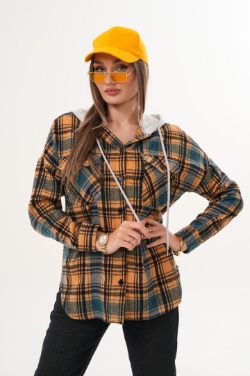 Kadın Desenli Renkli Oduncu Oversize Bol ve Geniş Kalıp Casual Çift Kapüşonlu Ceket Gömlek