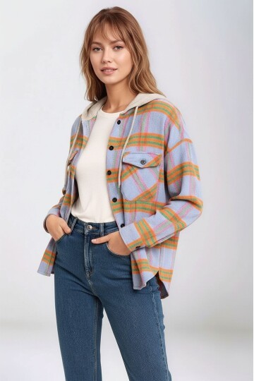 Kadın Desenli Renkli Oduncu Oversize Bol ve Geniş Kalıp Casual Çift Kapüşonlu Ceket Gömlek