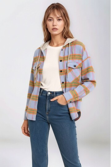 Kadın Desenli Renkli Oduncu Oversize Bol ve Geniş Kalıp Casual Çift Kapüşonlu Ceket Gömlek