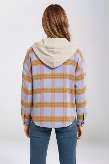 Kadın Desenli Renkli Oduncu Oversize Bol ve Geniş Kalıp Casual Çift Kapüşonlu Ceket Gömlek