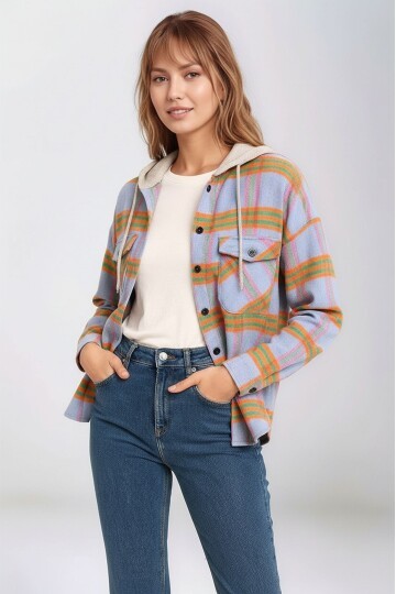 Kadın Desenli Renkli Oduncu Oversize Bol ve Geniş Kalıp Casual Çift Kapüşonlu Ceket Gömlek