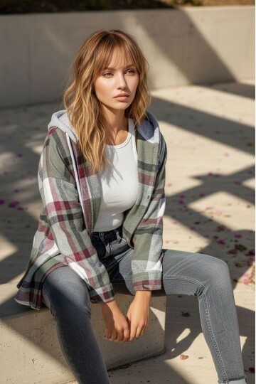 Kadın Desenli Renkli Oduncu Oversize Bol ve Geniş Kalıp Casual Çift Kapüşonlu Ceket Gömlek