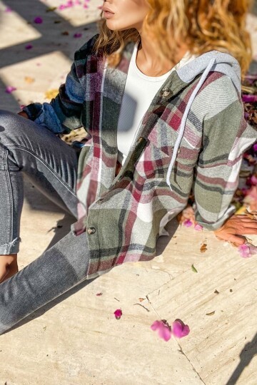 Kadın Desenli Renkli Oduncu Oversize Bol ve Geniş Kalıp Casual Çift Kapüşonlu Ceket Gömlek