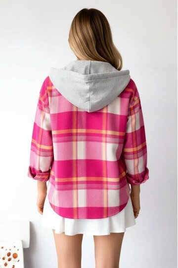 Kadın Desenli Renkli Oduncu Oversize Bol ve Geniş Kalıp Casual Çift Kapüşonlu Ceket Gömlek