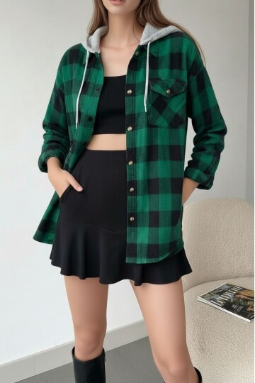 Kadın Desenli Renkli Oduncu Oversize Bol ve Geniş Kalıp Casual Çift Kapüşonlu Ceket Gömlek