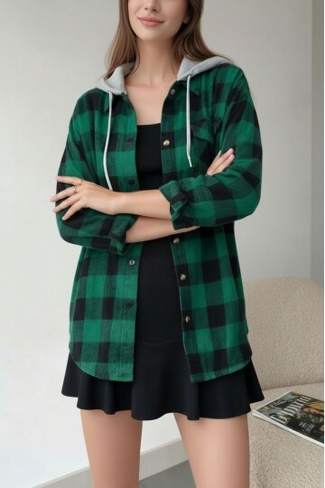 Kadın Desenli Renkli Oduncu Oversize Bol ve Geniş Kalıp Casual Çift Kapüşonlu Ceket Gömlek