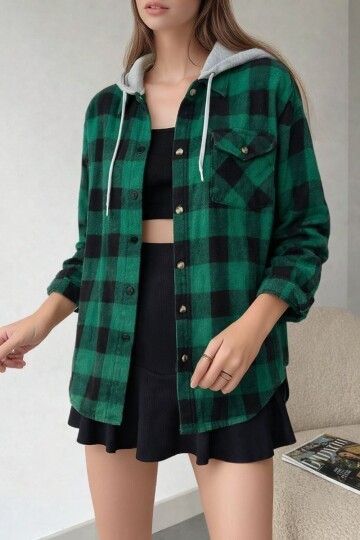 Kadın Desenli Renkli Oduncu Oversize Bol ve Geniş Kalıp Casual Çift Kapüşonlu Ceket Gömlek