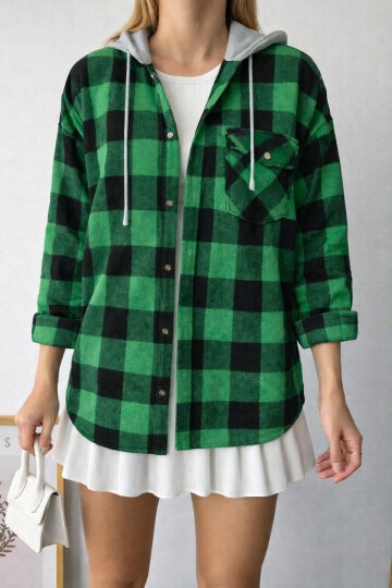 Kadın Desenli Renkli Oduncu Oversize Bol ve Geniş Kalıp Casual Çift Kapüşonlu Ceket Gömlek