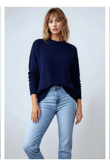 Kadın Dik Yaka Basic Uzun Kol Büyük Beden Curve Uyumlu Spor Şık Triko Kazak