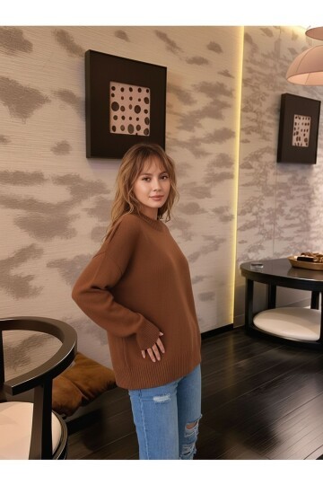 Kadın Dik Yaka Basic Uzun Kol Büyük Beden Curve Uyumlu Spor Şık Triko Kazak