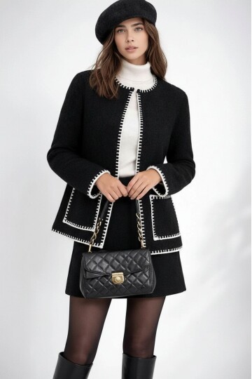 Kadın Dik Yaka İp Örgü Detaylı Rahat Kalıp Uzun Kol Tasarım Triko Ceket