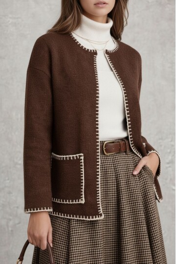 Kadın Dik Yaka İp Örgü Detaylı Rahat Kalıp Uzun Kol Tasarım Triko Ceket