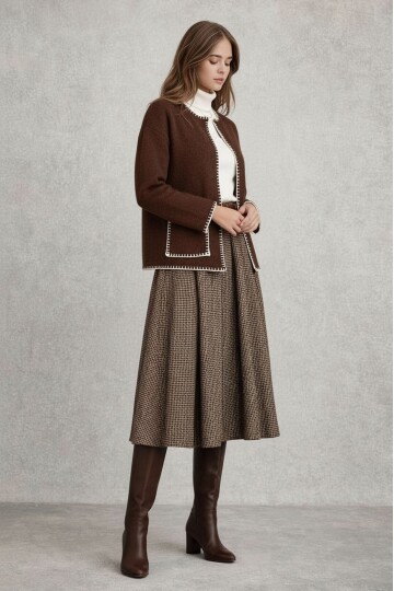 Kadın Dik Yaka İp Örgü Detaylı Rahat Kalıp Uzun Kol Tasarım Triko Ceket