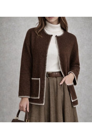 Kadın Dik Yaka İp Örgü Detaylı Rahat Kalıp Uzun Kol Tasarım Triko Ceket