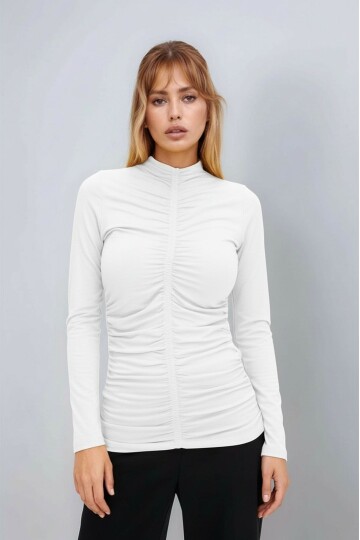 Kadın Dik Yaka Önden Büzgülü Uzun Kol Casual Viskon Spor Şık Büyük Beden Curve Bluz