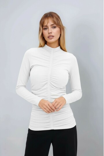 Kadın Dik Yaka Önden Büzgülü Uzun Kol Casual Viskon Spor Şık Büyük Beden Curve Bluz