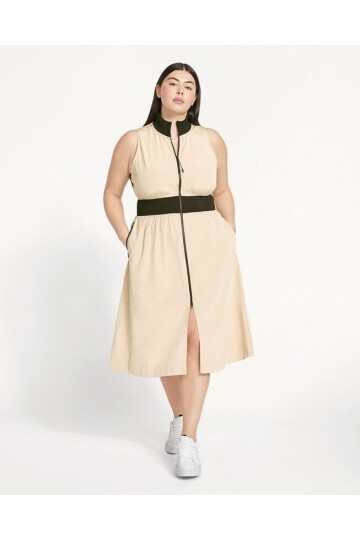 Kadın Dik Yaka Önü Fermuarlı Yırtmaçlı Baharlık Yazlık Beli Lastikli Şık Ceket Elbise