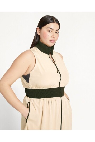 Kadın Dik Yaka Önü Fermuarlı Yırtmaçlı Baharlık Yazlık Beli Lastikli Şık Ceket Elbise