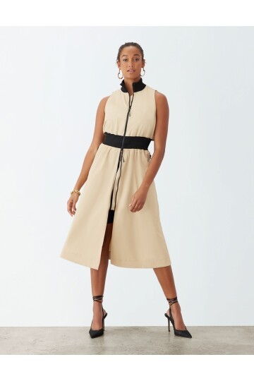 Kadın Dik Yaka Önü Fermuarlı Yırtmaçlı Baharlık Yazlık Beli Lastikli Şık Ceket Elbise