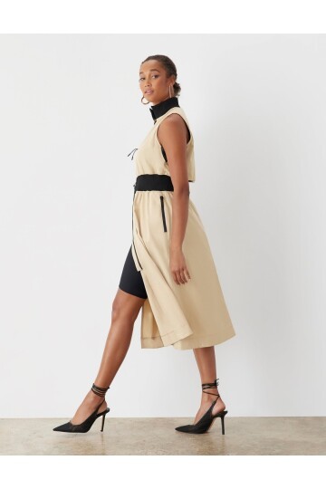 Kadın Dik Yaka Önü Fermuarlı Yırtmaçlı Baharlık Yazlık Beli Lastikli Şık Ceket Elbise