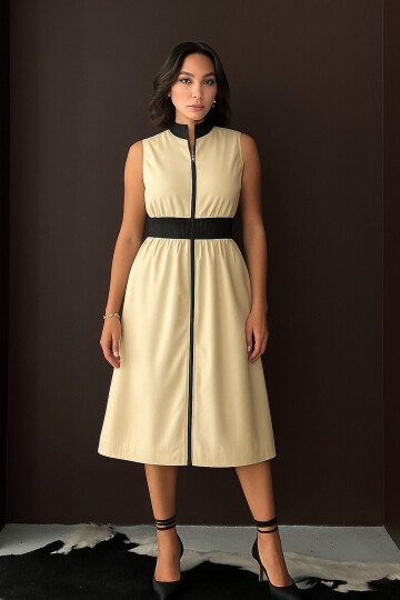 Kadın Dik Yaka Önü Fermuarlı Yırtmaçlı Baharlık Yazlık Beli Lastikli Şık Ceket Elbise