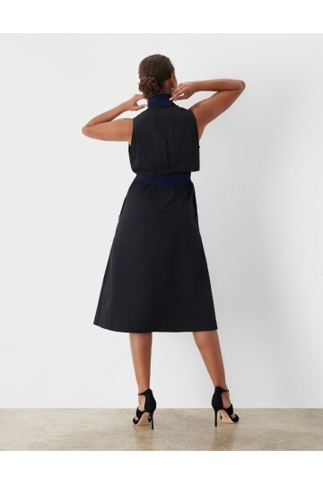 Kadın Dik Yaka Önü Fermuarlı Yırtmaçlı Baharlık Yazlık Beli Lastikli Şık Ceket Elbise