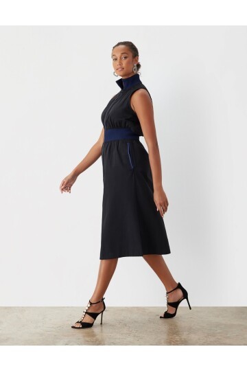 Kadın Dik Yaka Önü Fermuarlı Yırtmaçlı Baharlık Yazlık Beli Lastikli Şık Ceket Elbise