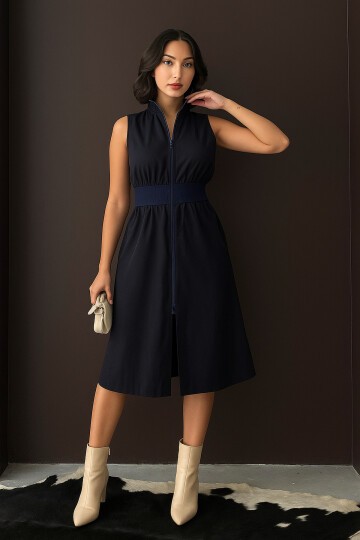 Kadın Dik Yaka Önü Fermuarlı Yırtmaçlı Baharlık Yazlık Beli Lastikli Şık Ceket Elbise