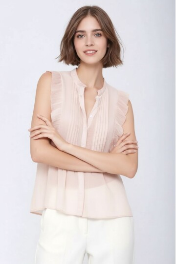 Kadın Dik Yaka Yarım Pat Düğmeli Fırfır Kol Şifon Şık Ofis Bluz