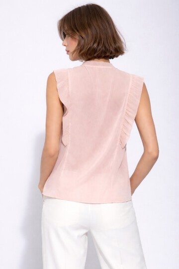 Kadın Dik Yaka Yarım Pat Düğmeli Fırfır Kol Şifon Şık Ofis Bluz