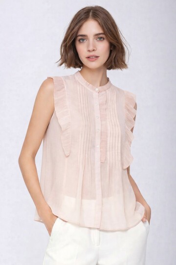 Kadın Dik Yaka Yarım Pat Düğmeli Fırfır Kol Şifon Şık Ofis Bluz