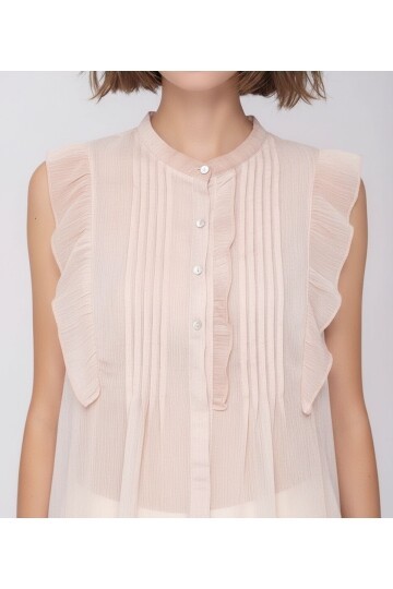 Kadın Dik Yaka Yarım Pat Düğmeli Fırfır Kol Şifon Şık Ofis Bluz