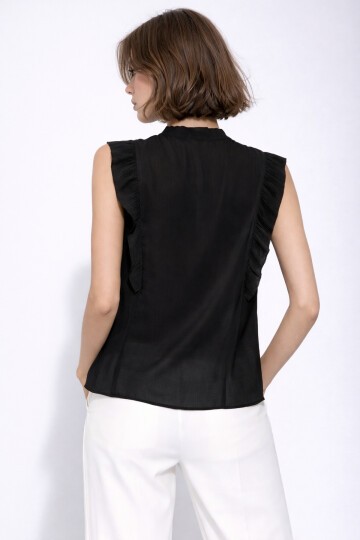 Kadın Dik Yaka Yarım Pat Düğmeli Fırfır Kol Şifon Şık Ofis Bluz