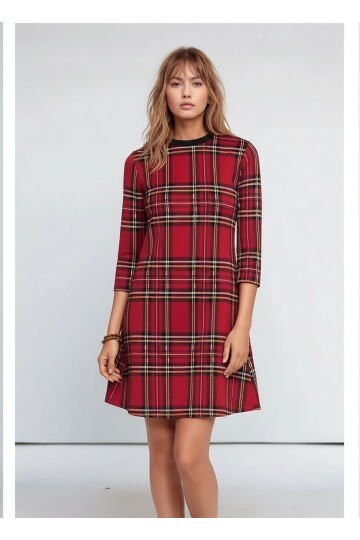Kadın Ekose Desen Bisiklet Yaka Çan Etek Truvakar Kol Şık Casual Spor Curve Elbise
