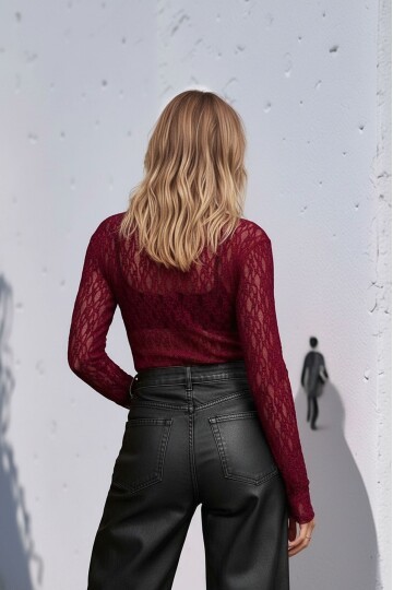 Kadın Esnek Desenli Dantel Spor Şık Tasarım Uzun Kol Gece Bluzu