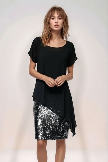 Kadın Eteği Pullu Üstü Şal Şifon Yakalı Şık Büyük Beden Yarım Kol Gece Abiye Elbise